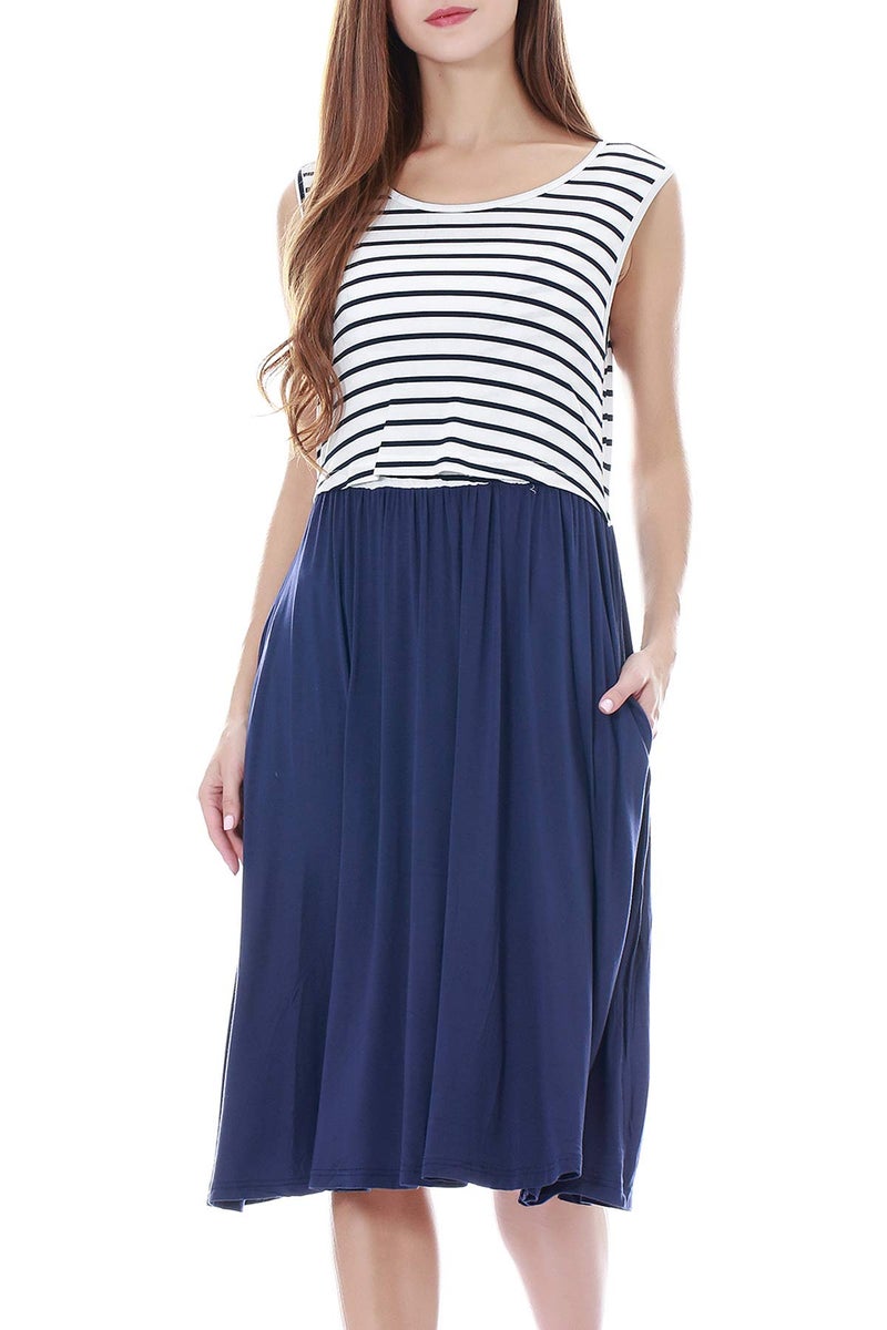 Smallshow Women's Sleeveless Nursing Dresses Patchwork Maternity Breastfeeding Dress Navy Stripe-Navy Large - Image 4